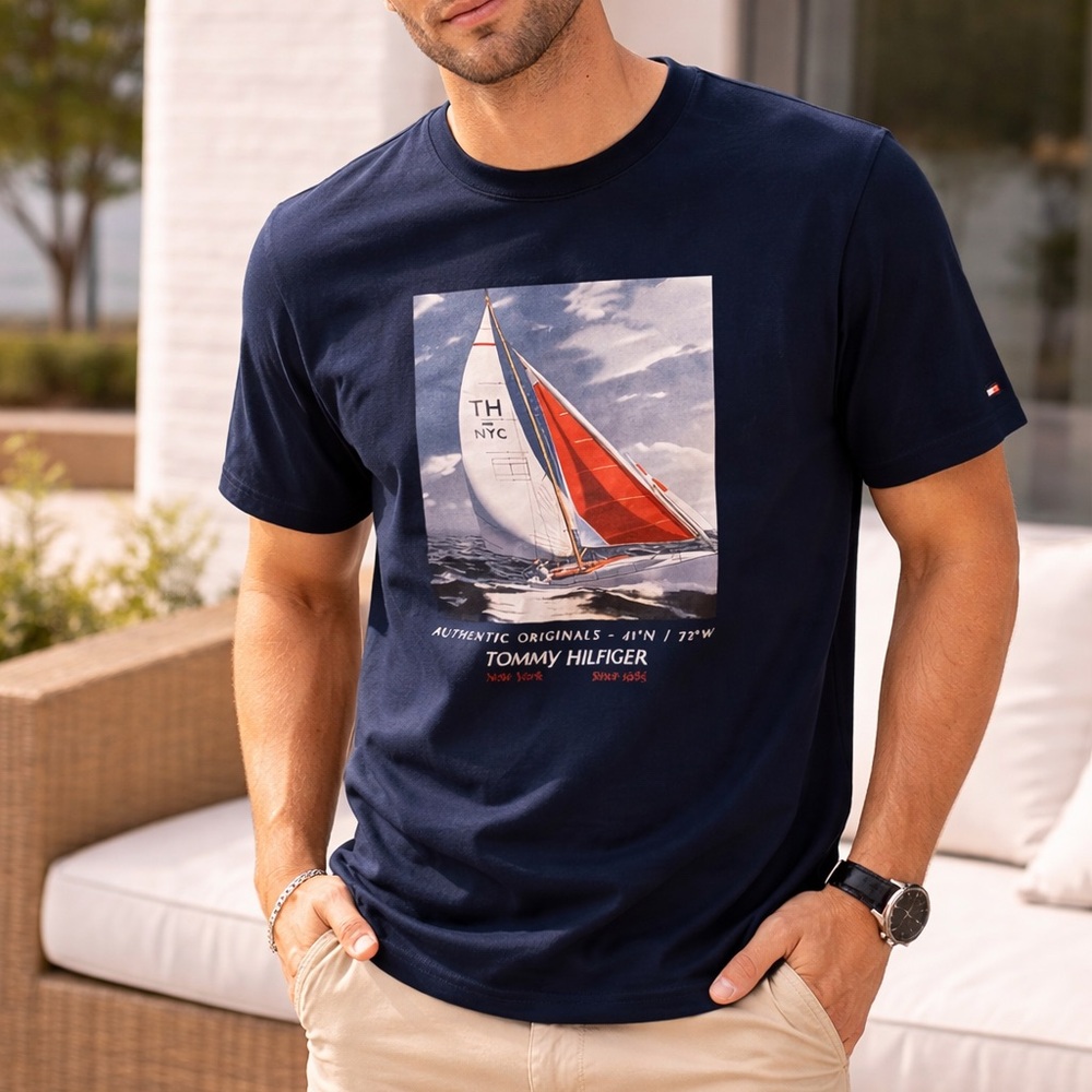 Tommy Hilfiger Navy Short Sleeve Sailboat Graphic Tee with Red Accent
